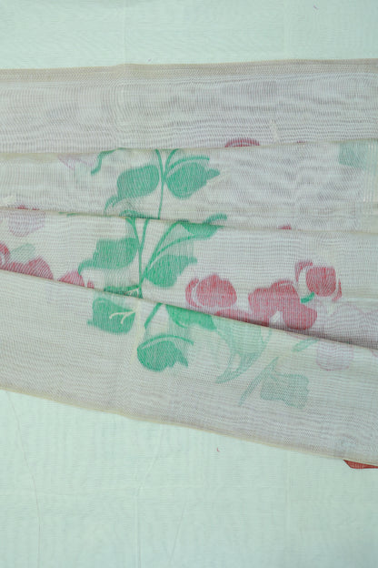 KS03 - Soft off white & Chilli red silk blended cotton saree
