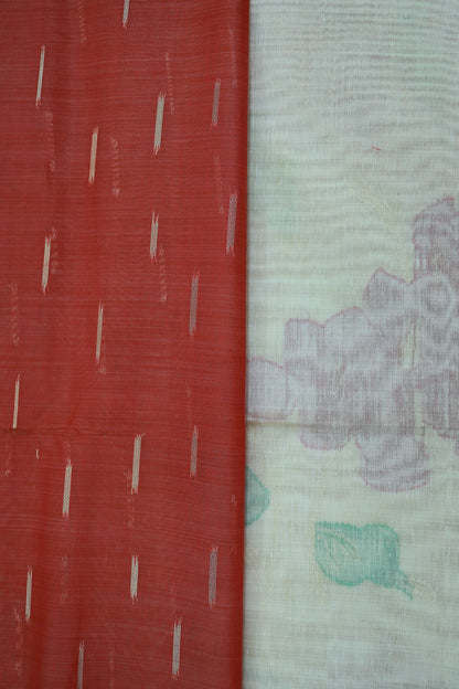 KS03 - Soft off white & Chilli red silk blended cotton saree