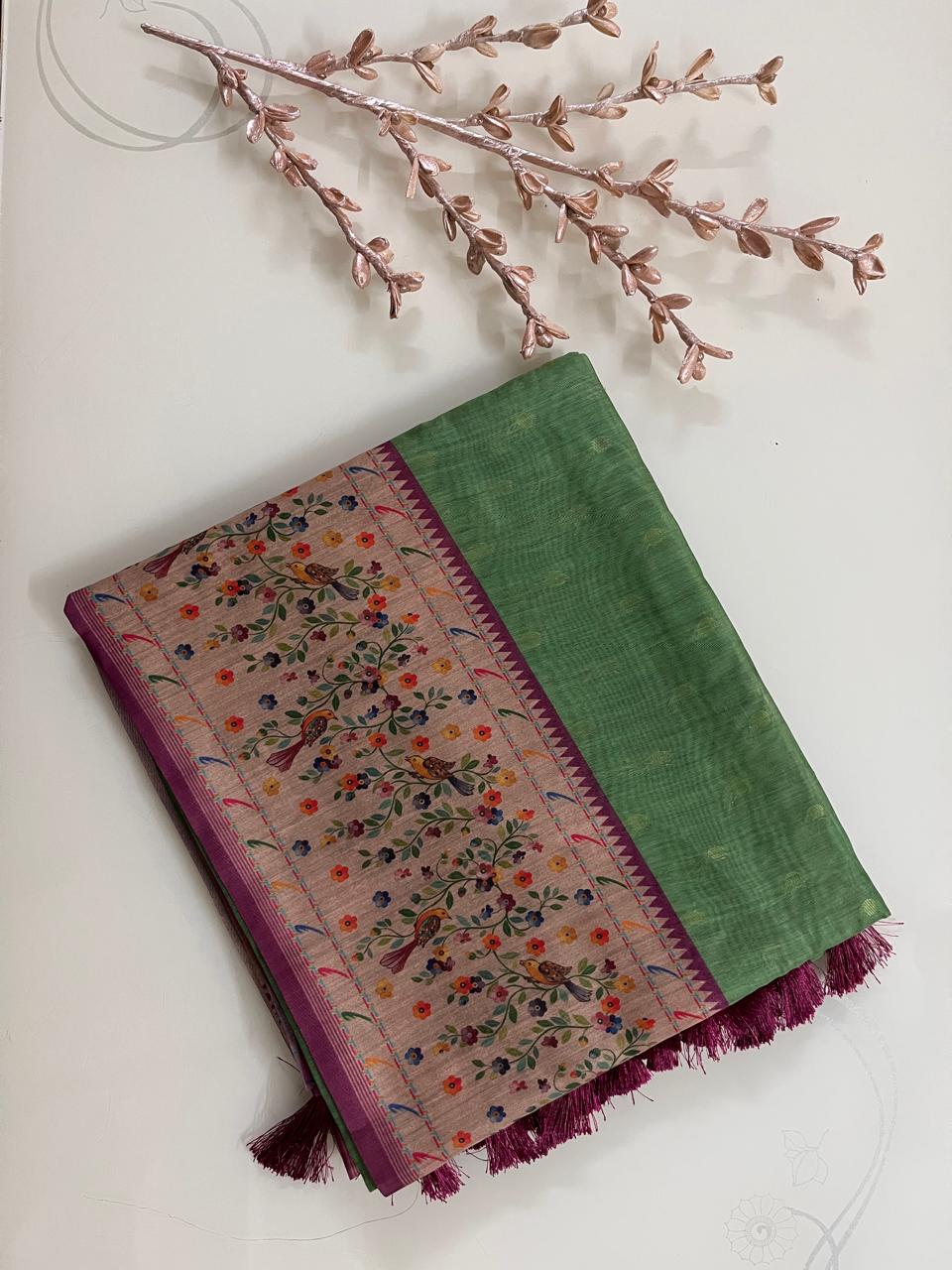 KS334- Leaf green silk blended saree