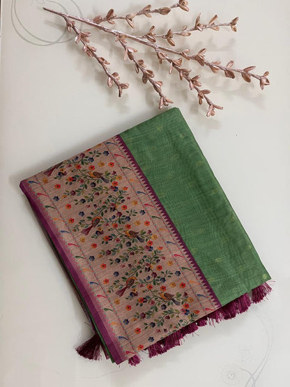 KS334- Leaf green silk blended saree