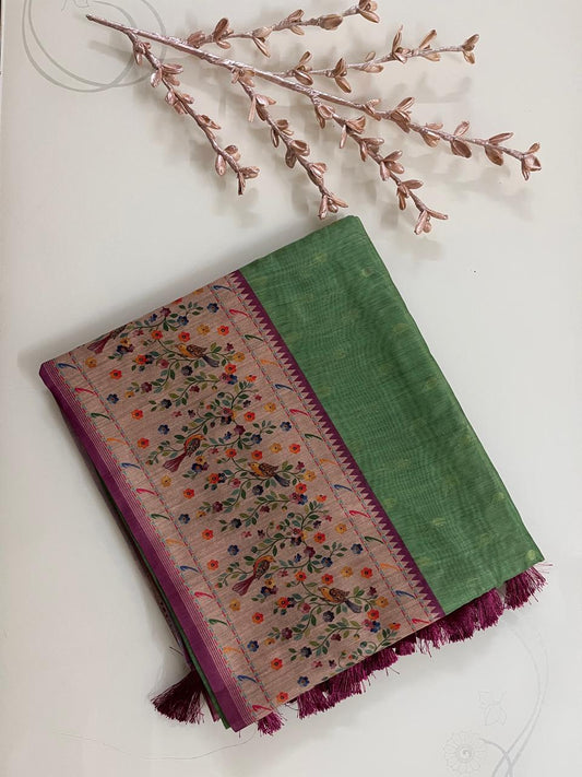 KS334- Leaf green silk blended saree