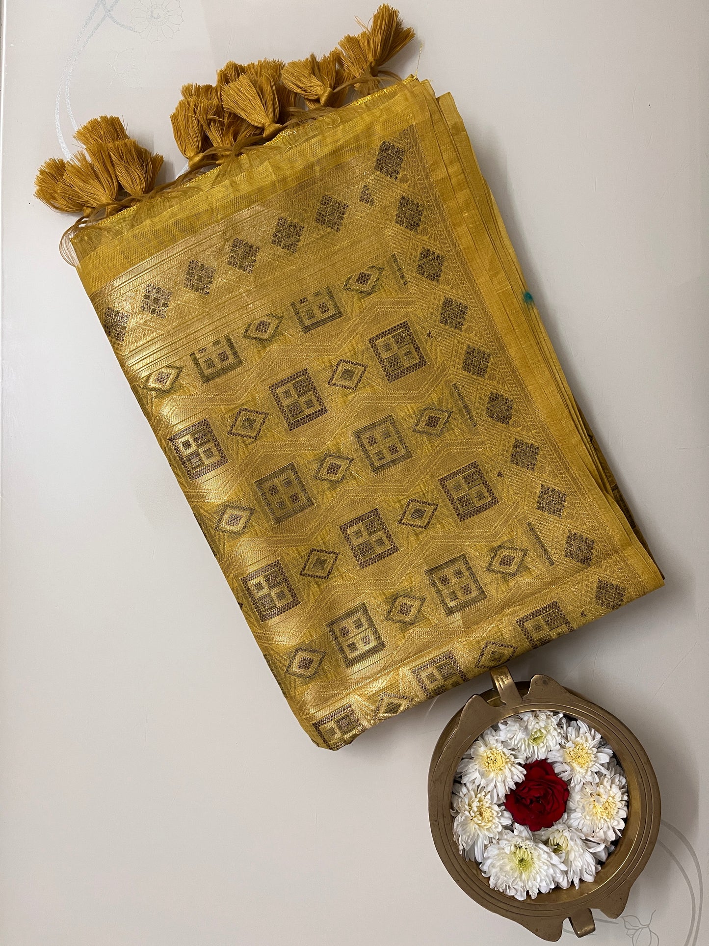 Ks 234 - Mustard Gold Floral Woven Saree with Rich Zari Border & Tassel Pallu