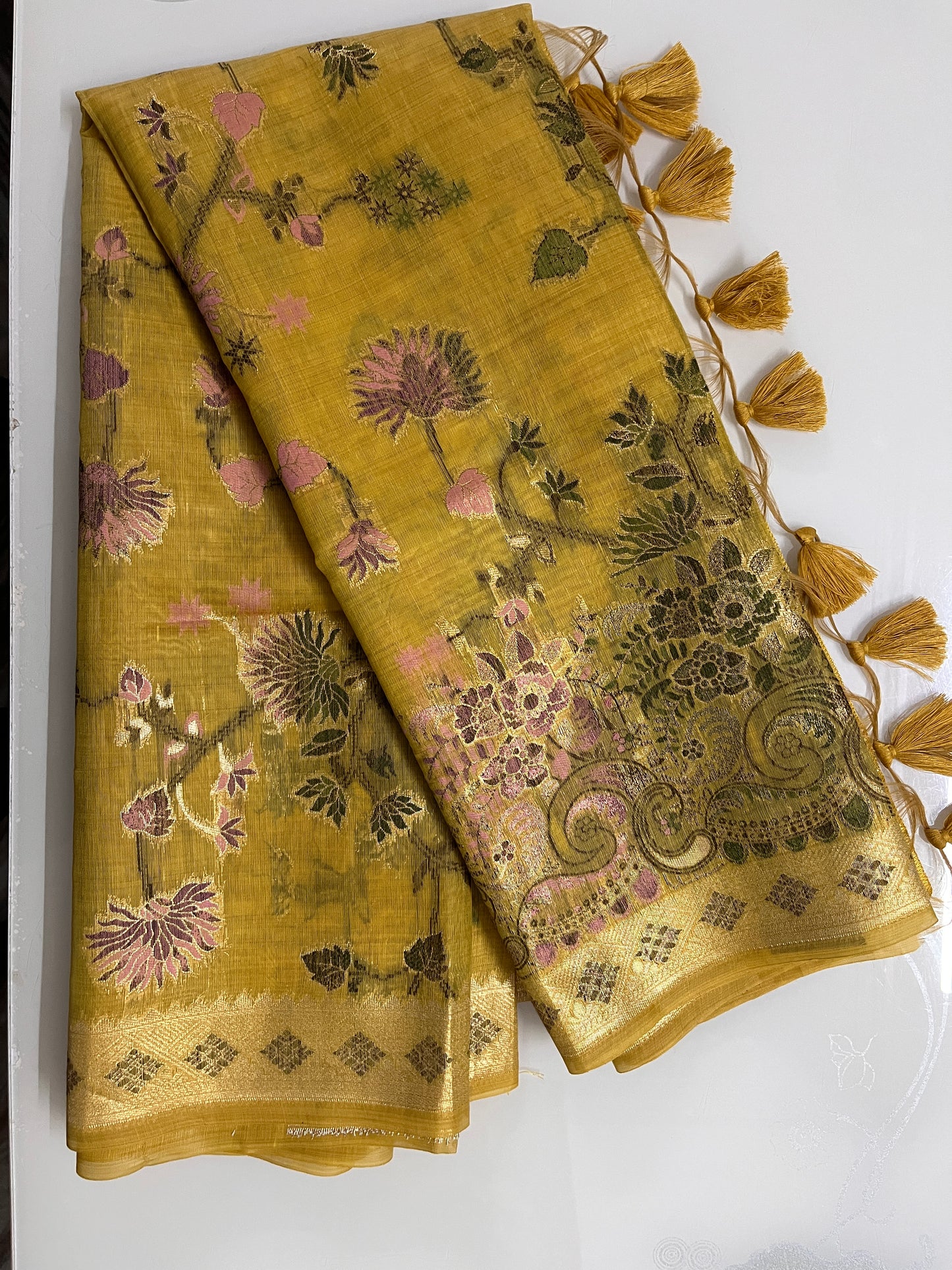 Ks 234 - Mustard Gold Floral Woven Saree with Rich Zari Border & Tassel Pallu