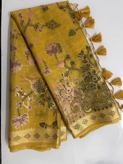 Ks 234 - Mustard Gold Floral Woven Saree with Rich Zari Border & Tassel Pallu