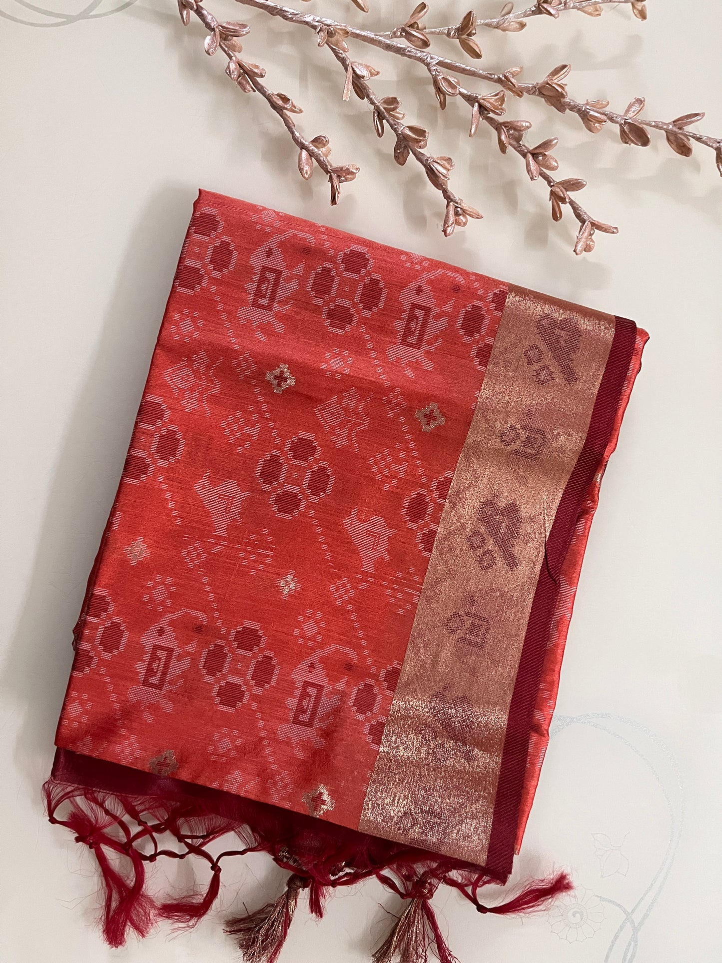 KS258 - Coral orange silk blend saree