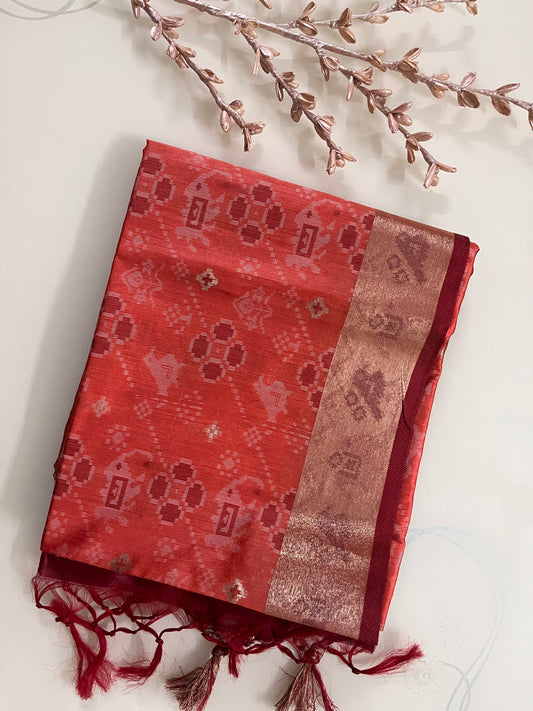 KS258 - Coral orange silk blend saree