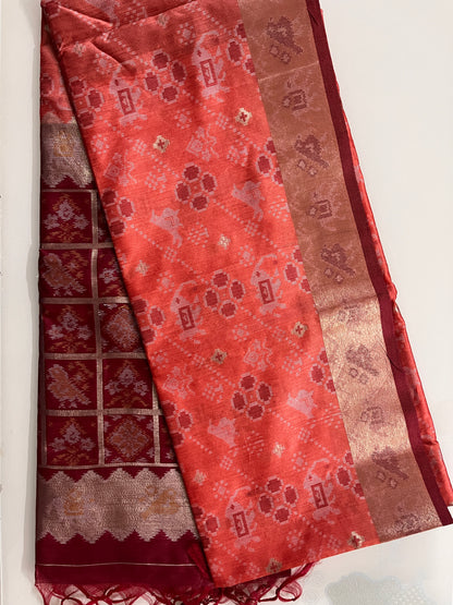 KS258 - Coral orange silk blend saree
