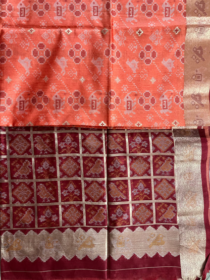 KS258 - Coral orange silk blend saree