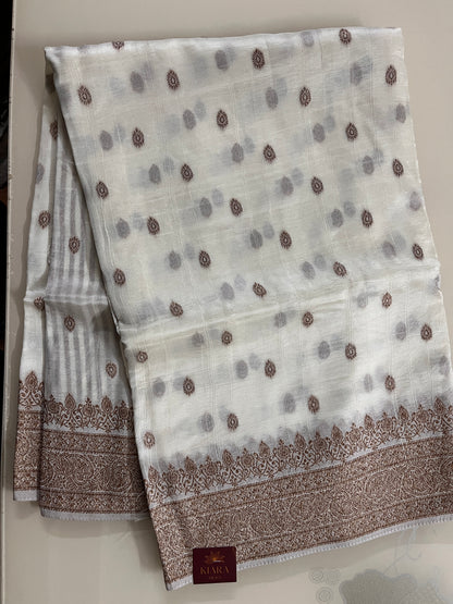 KS260 - Ivory white silk blend saree