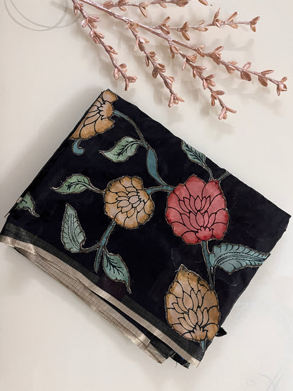 KS277 - Black floral print silk blended saree