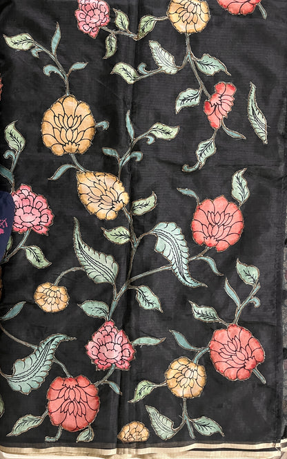 KS277 - Black floral print silk blended saree