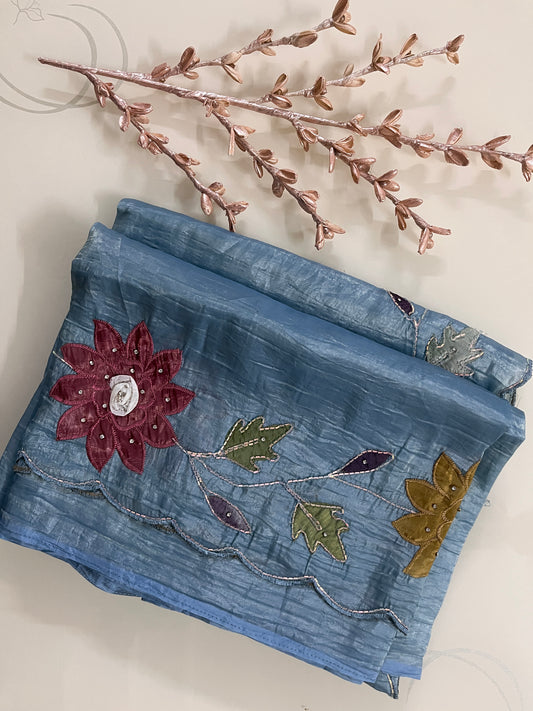 KS298 - Silk blended steel blue saree