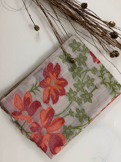 KS290 - Floral printed linen saree
