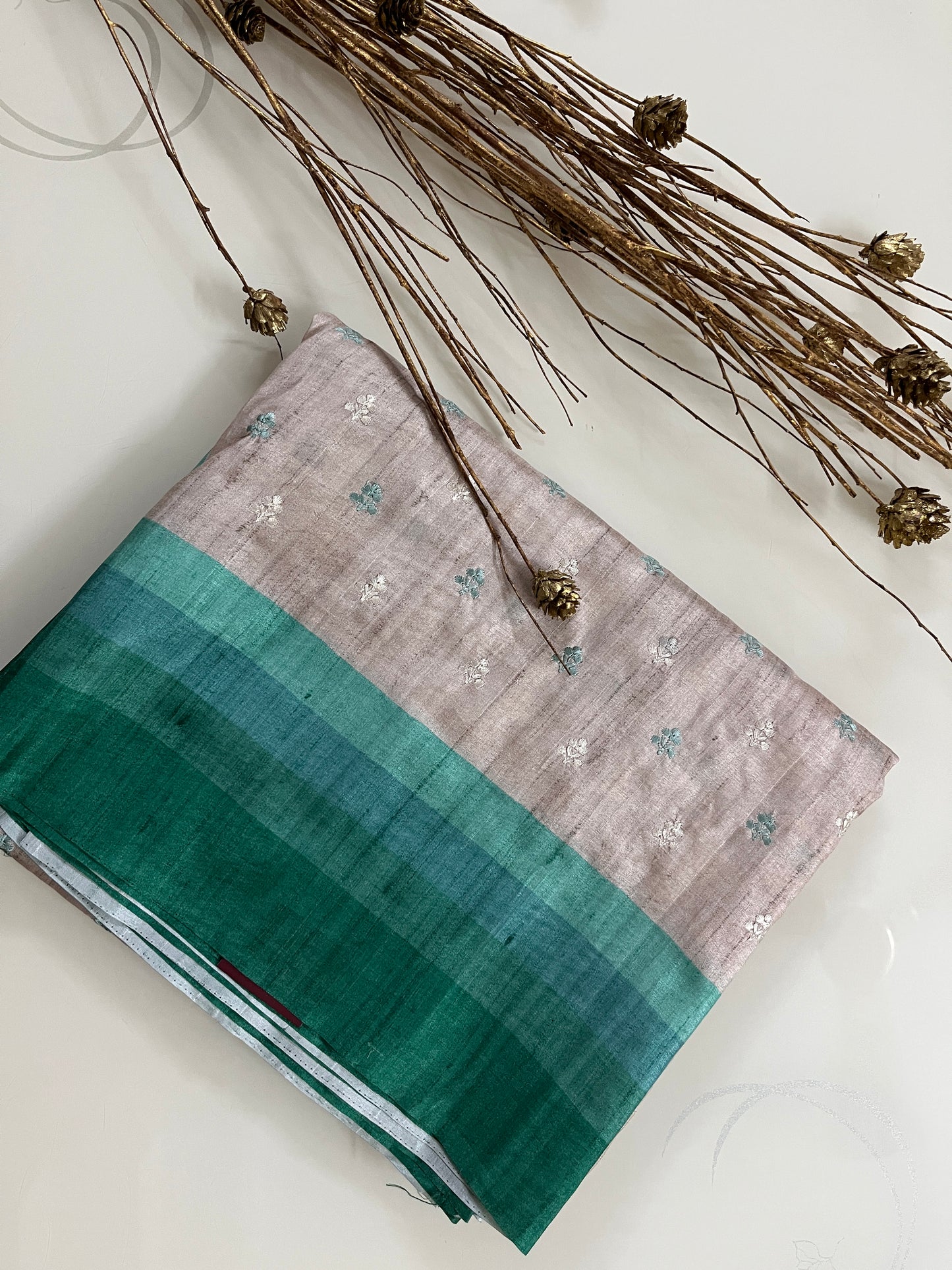 KS264 - Beige and aqua blue handloom style saree