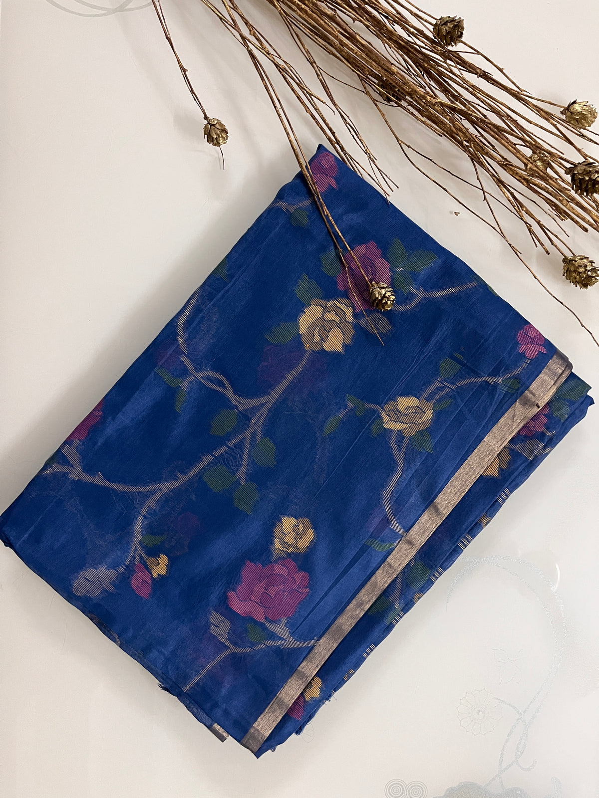 KS295 -Floral vine weave navy blue saree
