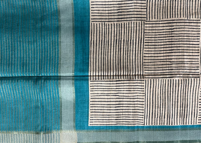 KS331 - Teal blue geometric patterned saree