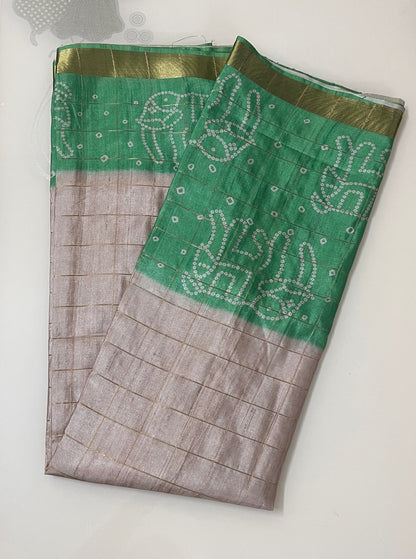 CAS201 - Green and silver grey Bandhani Saree