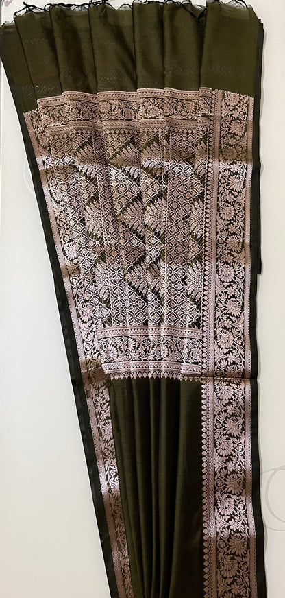CAS191 - Dark olive green Banarasi silk saree