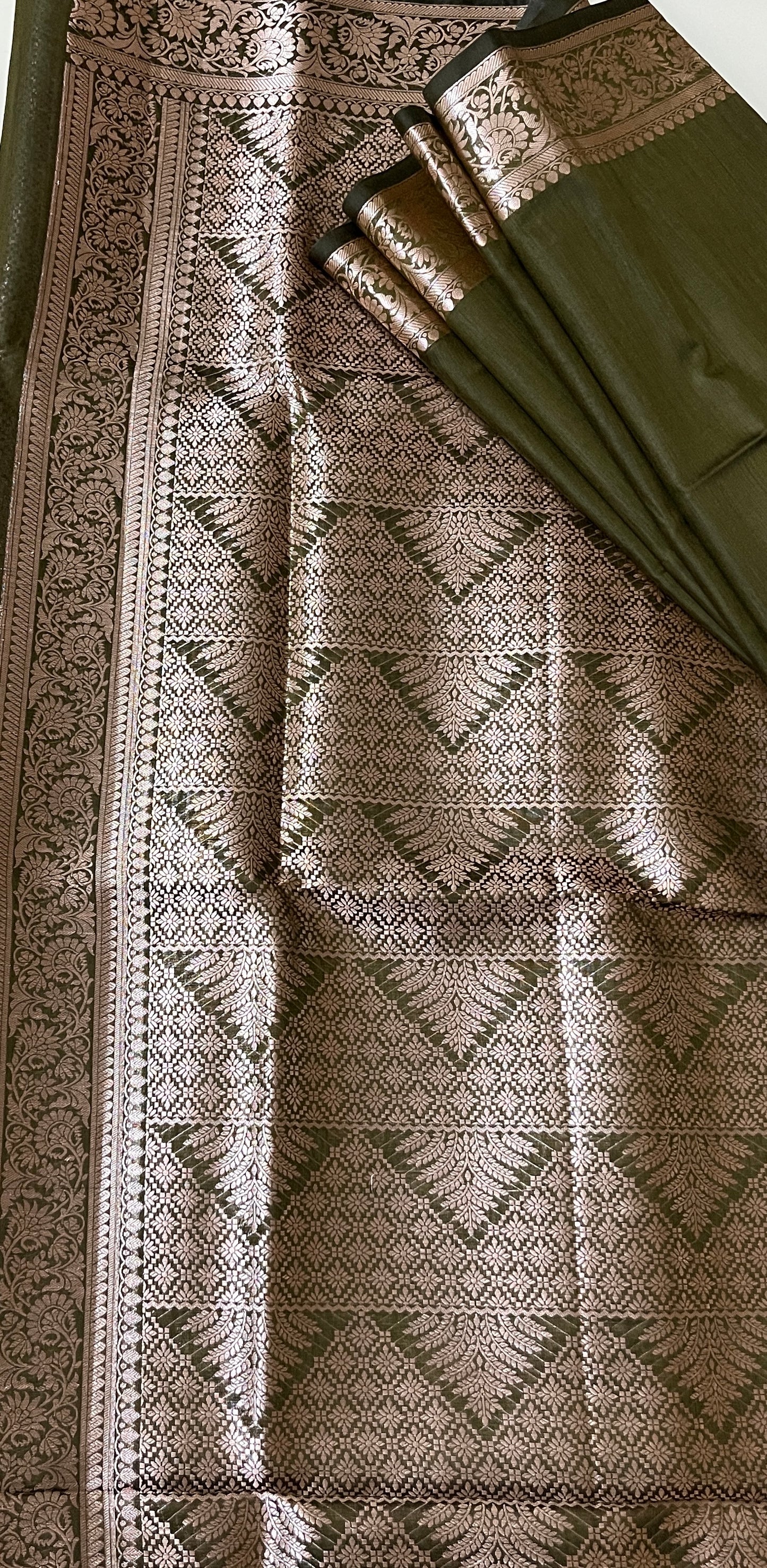 CAS191 - Dark olive green Banarasi silk saree