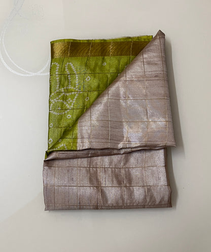 CAS202 - Olive Green and silver-grey Bandhani silk saree
