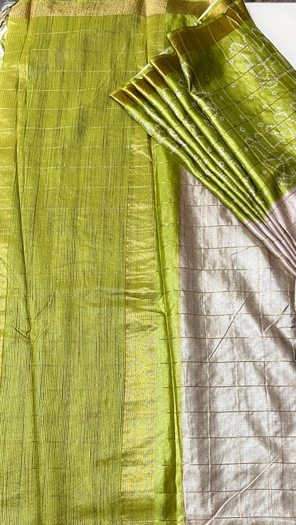 CAS202 - Olive Green and silver-grey Bandhani silk saree