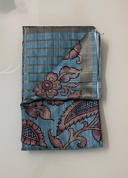 CAS190 - Muted teal-blue base printed silk saree