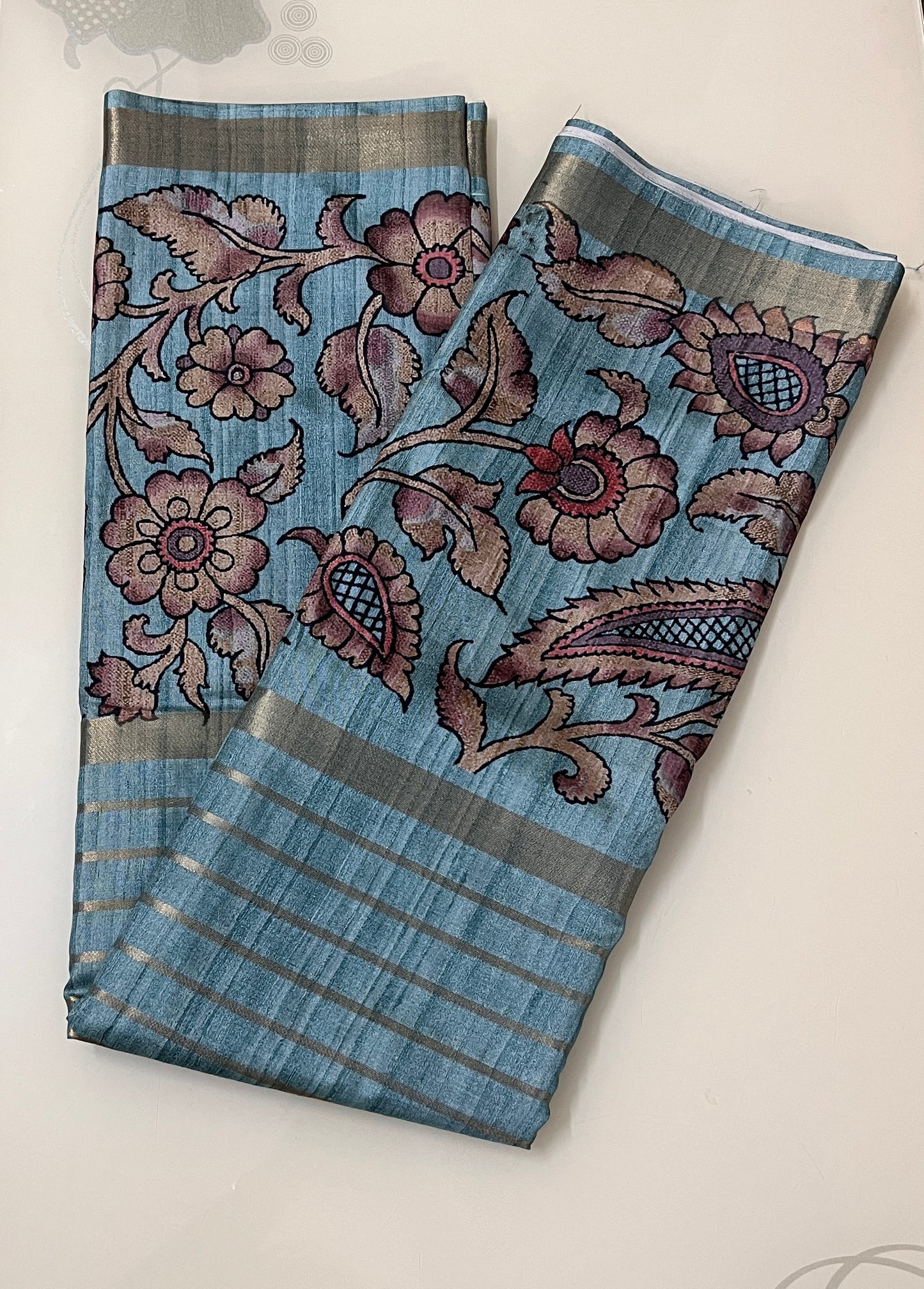 CAS190 - Muted teal-blue base printed silk saree