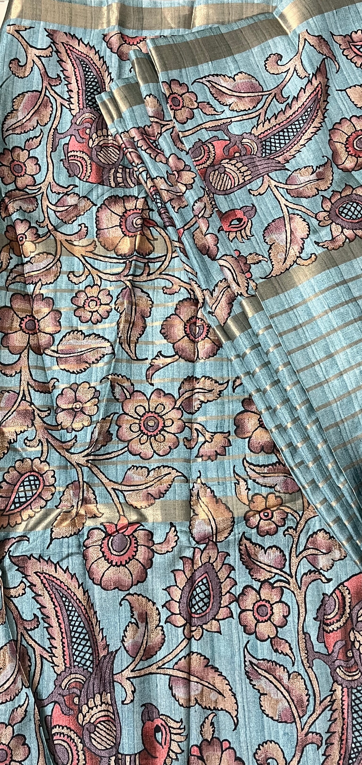 CAS190 - Muted teal-blue base printed silk saree