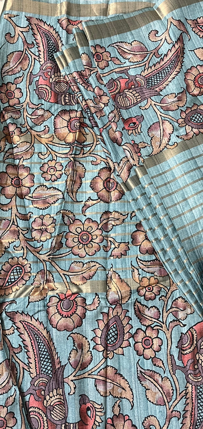 CAS190 - Muted teal-blue base printed silk saree