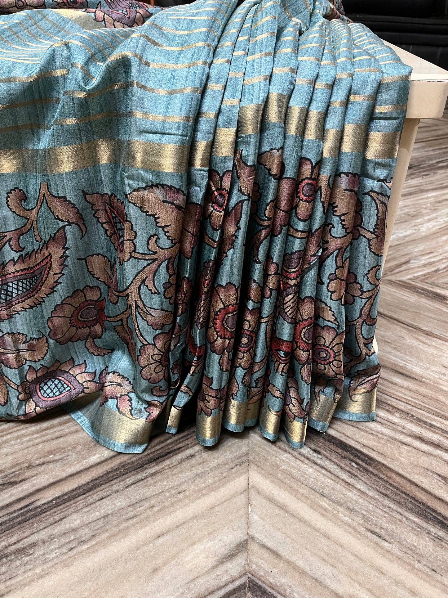 CAS190 - Muted teal-blue base printed silk saree