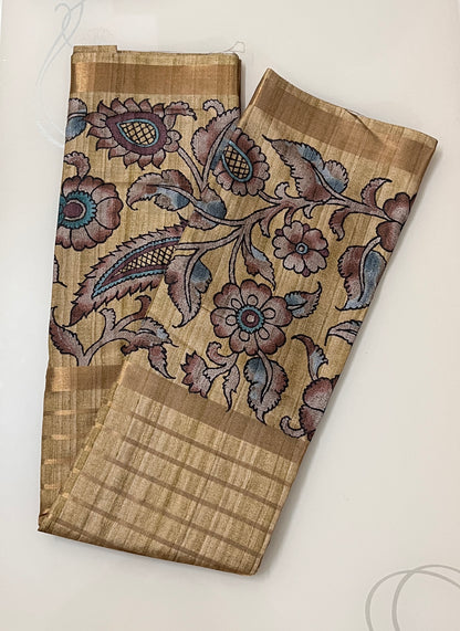 CAS189 - Beige-gold base printed silk saree