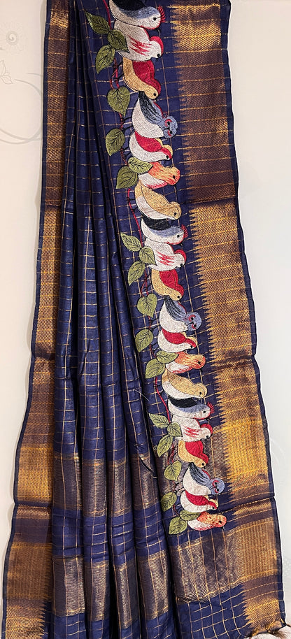 CAS204 - Deep navy blue silk blended saree