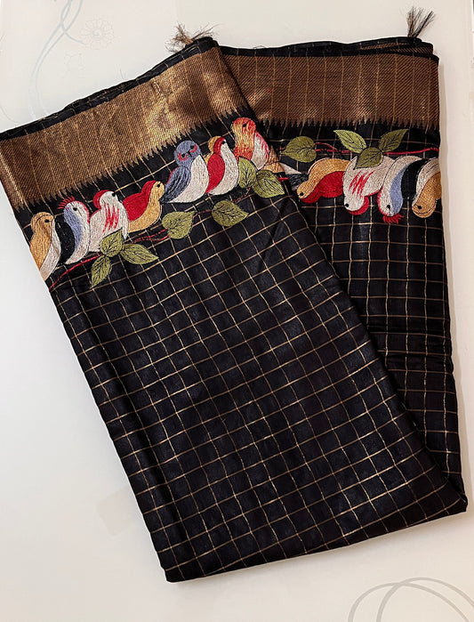 CAS203 - Black silk blended saree with birds motif