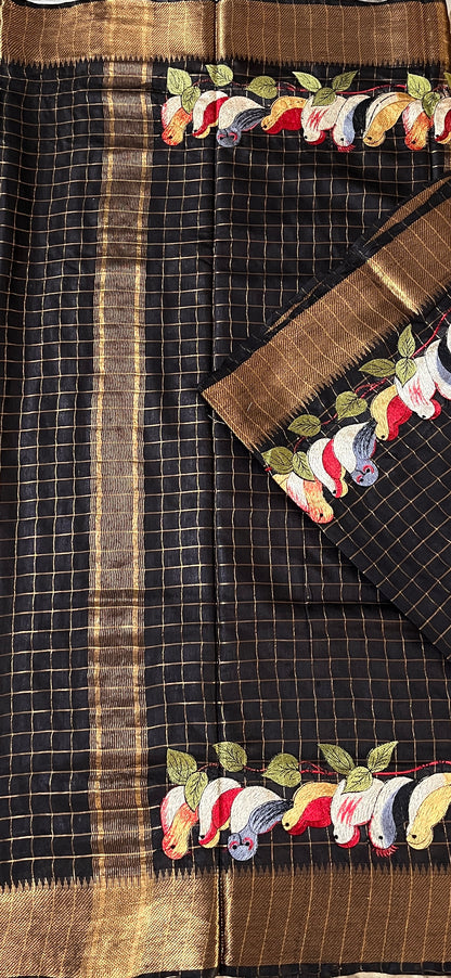 CAS203 - Black silk blended saree with birds motif