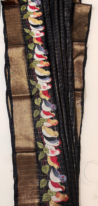 CAS203 - Black silk blended saree with birds motif