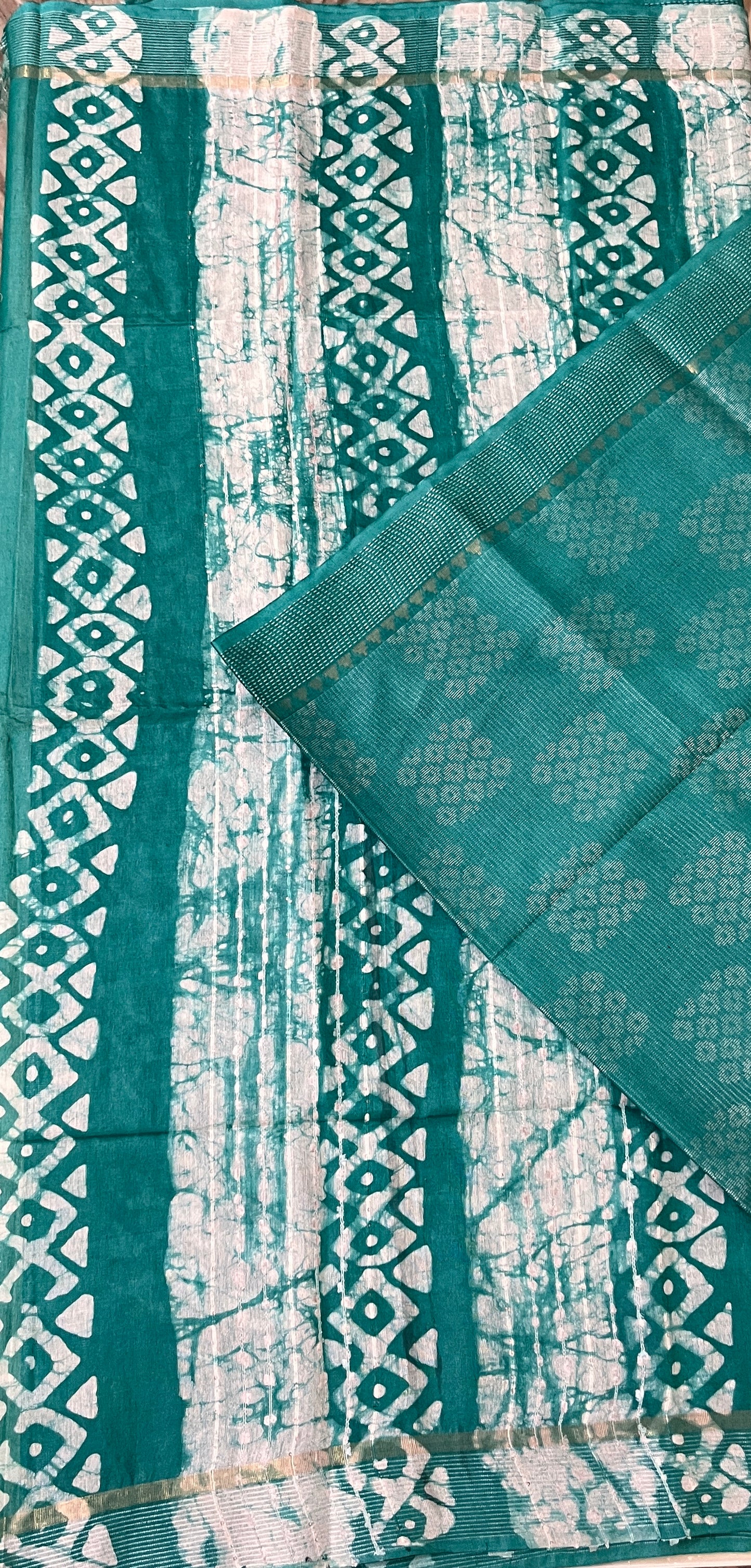 CAS167 - Teal green handblock printed saree