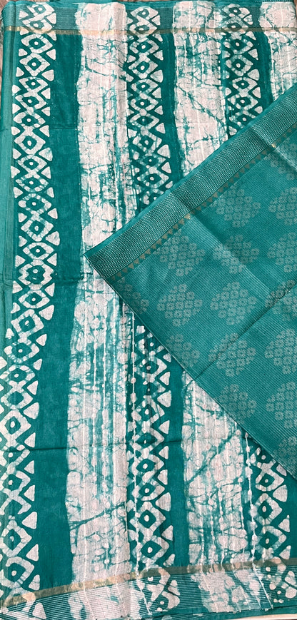 CAS167 - Teal green handblock printed saree