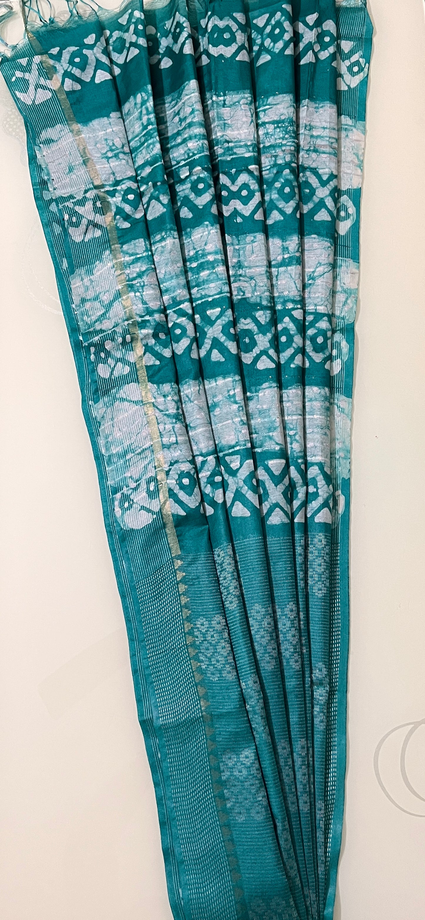 CAS167 - Teal green handblock printed saree