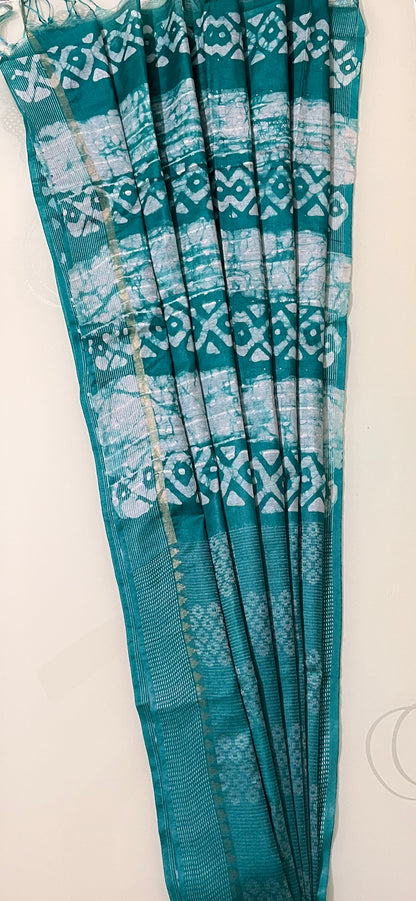 CAS167 - Teal green handblock printed saree
