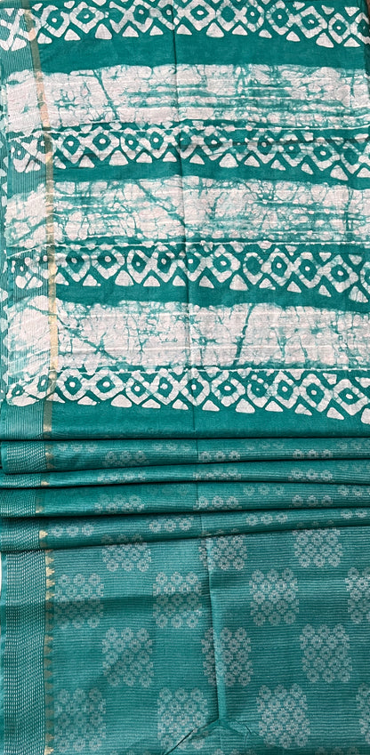 CAS167 - Teal green handblock printed saree