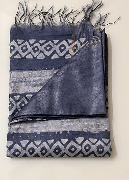 CAS168 - Steel grey bandhani handblock printed saree