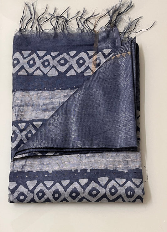 CAS168 - Steel grey bandhani handblock printed saree