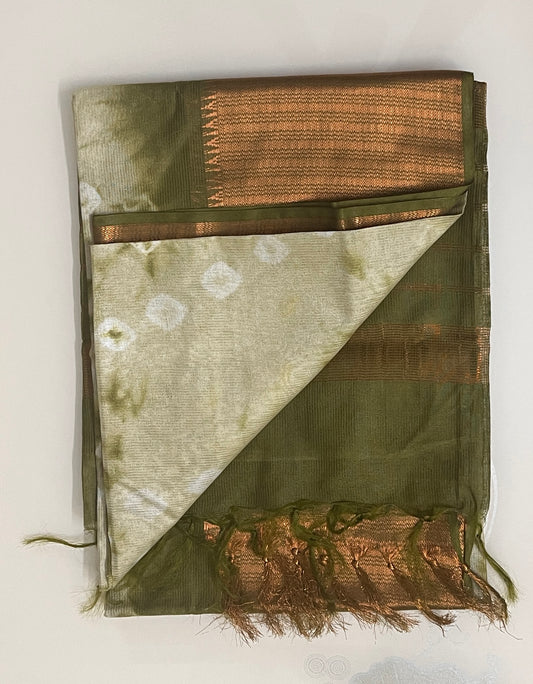 CAS178 - Olive green with copper zari  tie-dye patterned saree