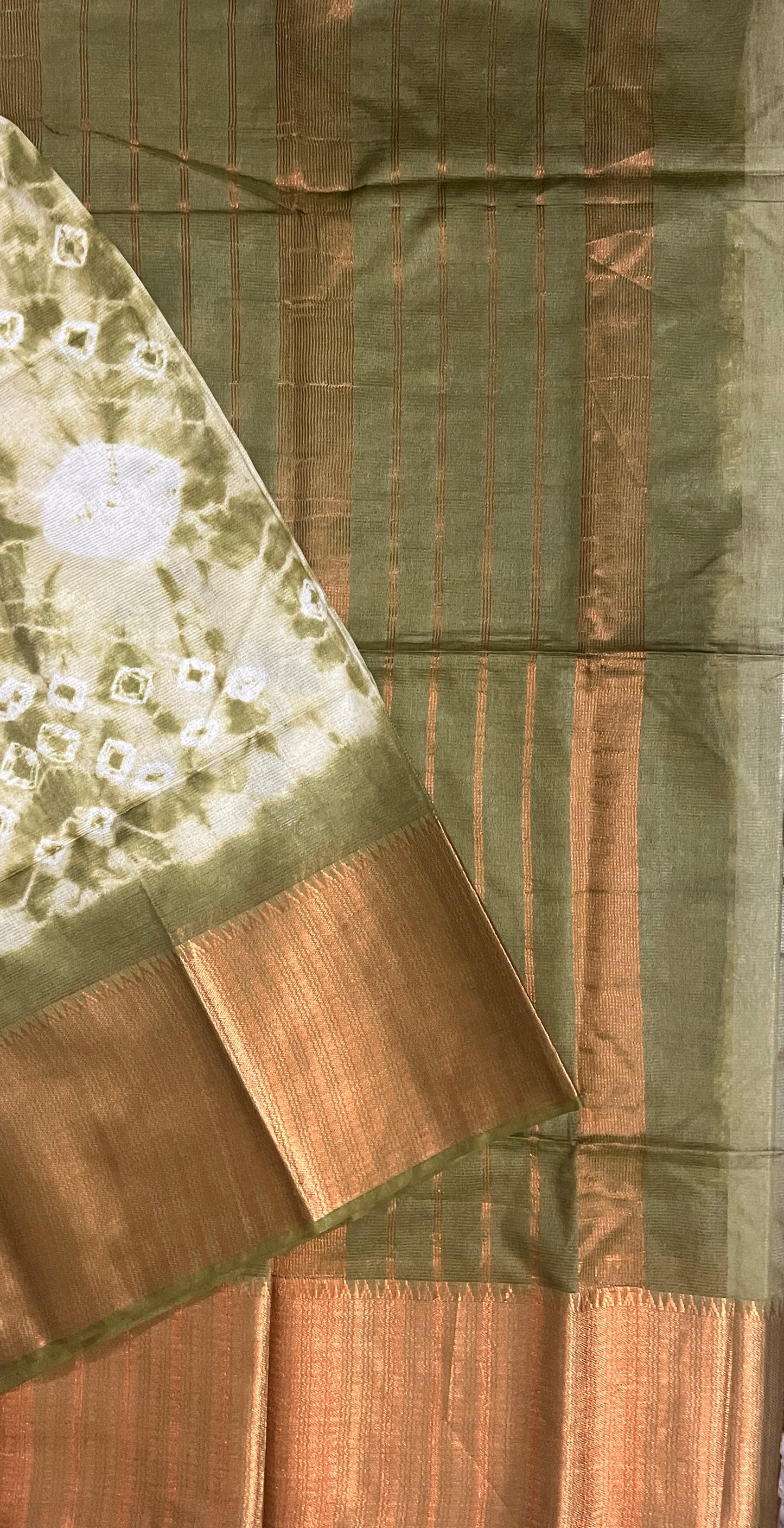 CAS178 - Olive green with copper zari  tie-dye patterned saree