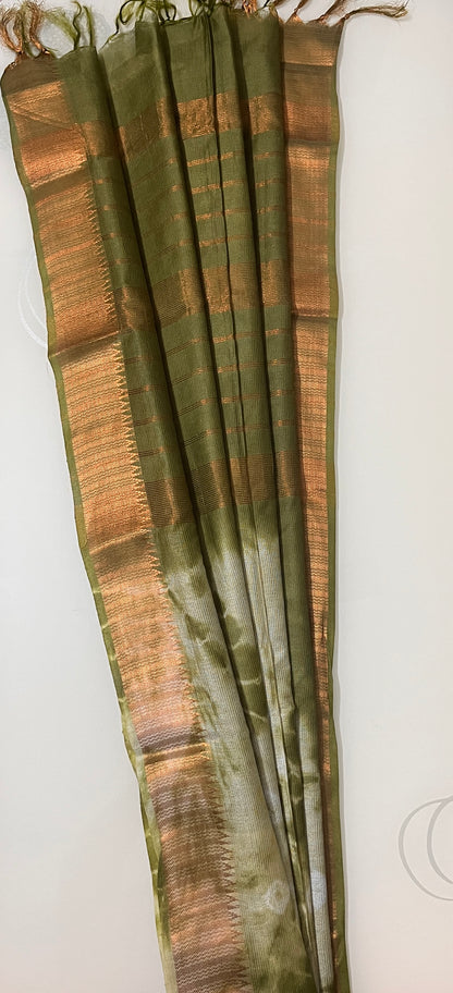 CAS178 - Olive green with copper zari  tie-dye patterned saree