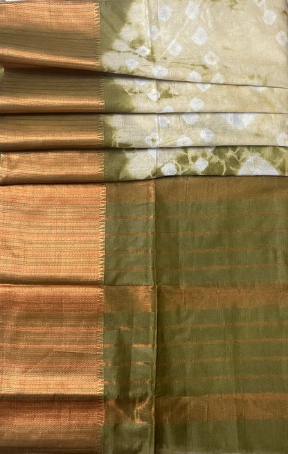 CAS178 - Olive green with copper zari  tie-dye patterned saree