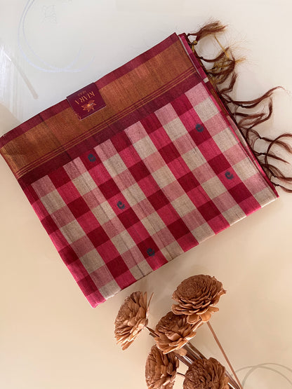 KS 164 - Maroon & Ivory base silk cotton saree