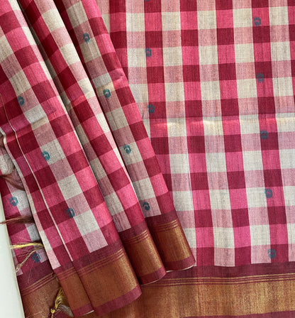 KS 164 - Maroon & Ivory base silk cotton saree