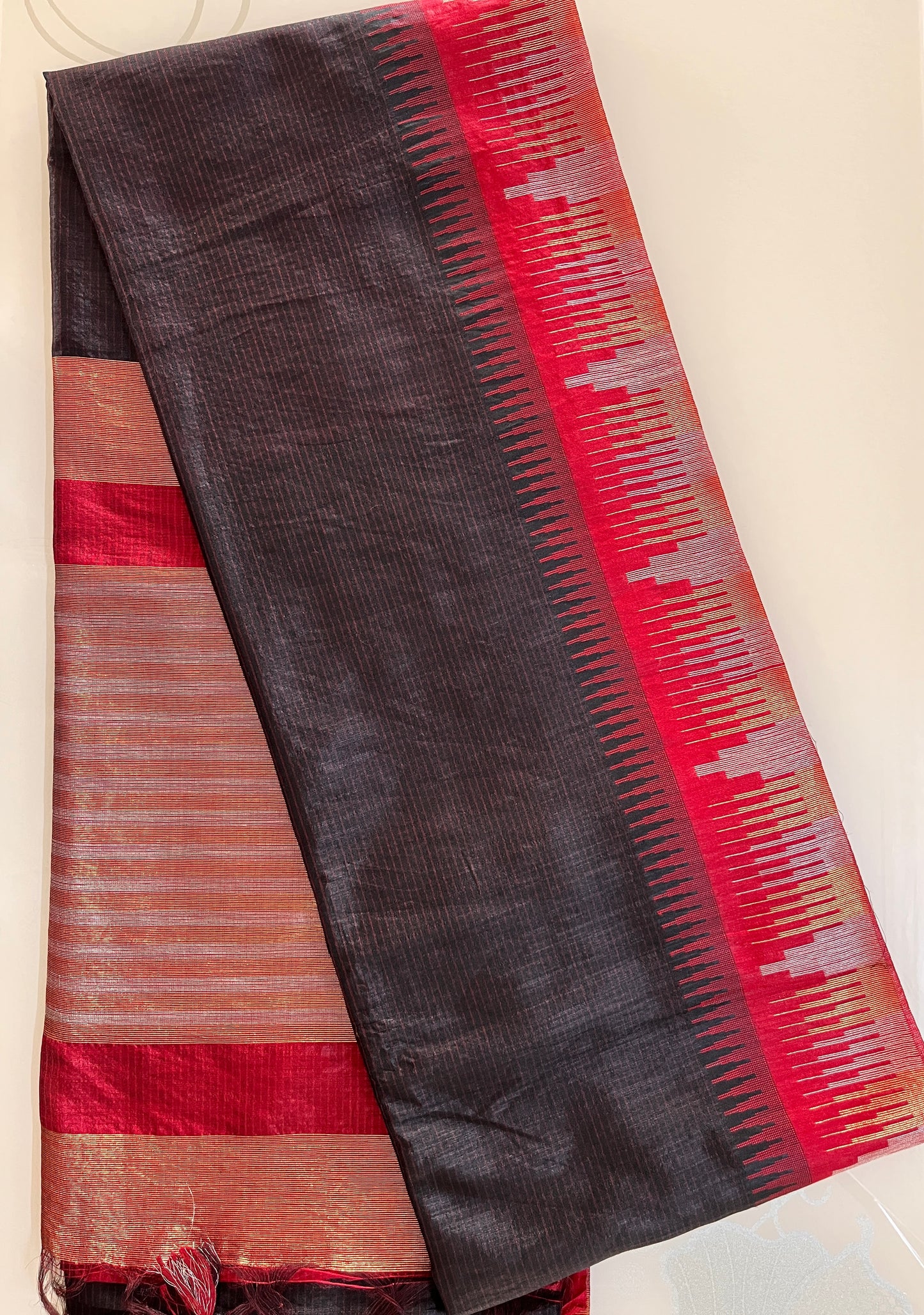 KS 172 - Charcoal black with subtle vertical pinstripes soft art silk saree