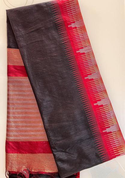 KS 172 - Charcoal black with subtle vertical pinstripes soft art silk saree